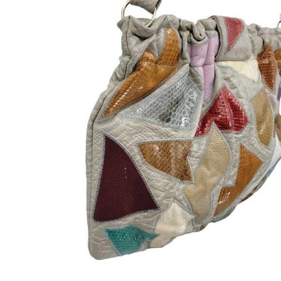 Vtg 80's Caprice Shoulder Bag Leather Boho Funky Patchwork Multicolor Large Gray - Picture 10 of 16